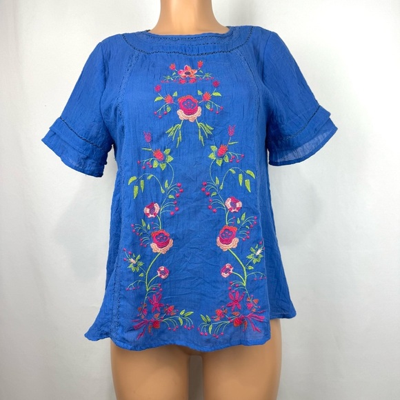 Umgee Women’s Small Gauzy Boho Blue Tunic Top Embroidered Flowers Short Sleeve - Picture 1 of 14